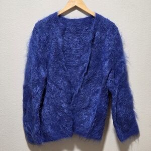 Womens Fuzzy Cobalt Blue Cardigan Sweater Mohair Vintage Wool Fluffy